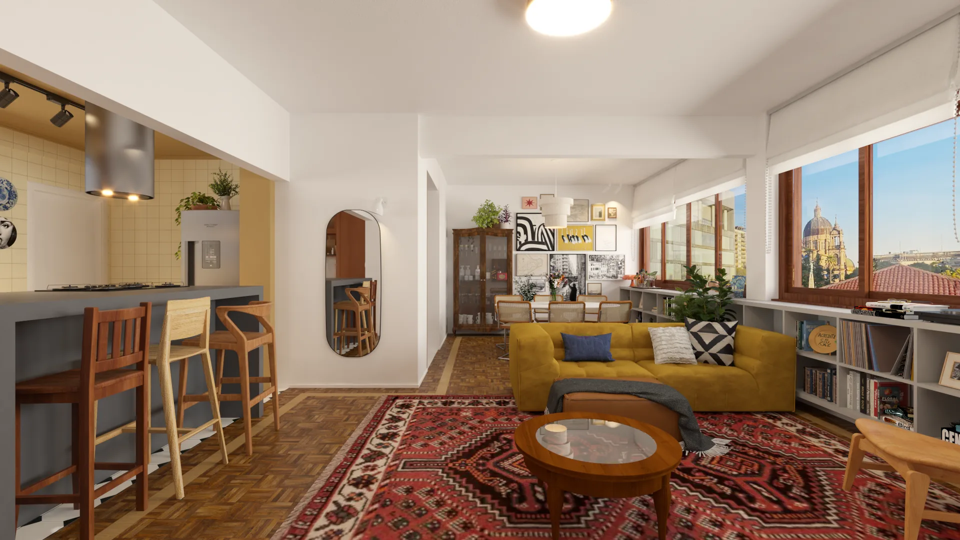 sala integrada à cozinha com sofá amarelo, tapete vermelho e piso original